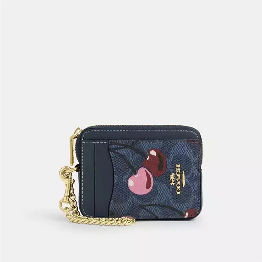NWT Coach Zip Card Case In Signature With Cherry Gold/denim blue Pink CZ468